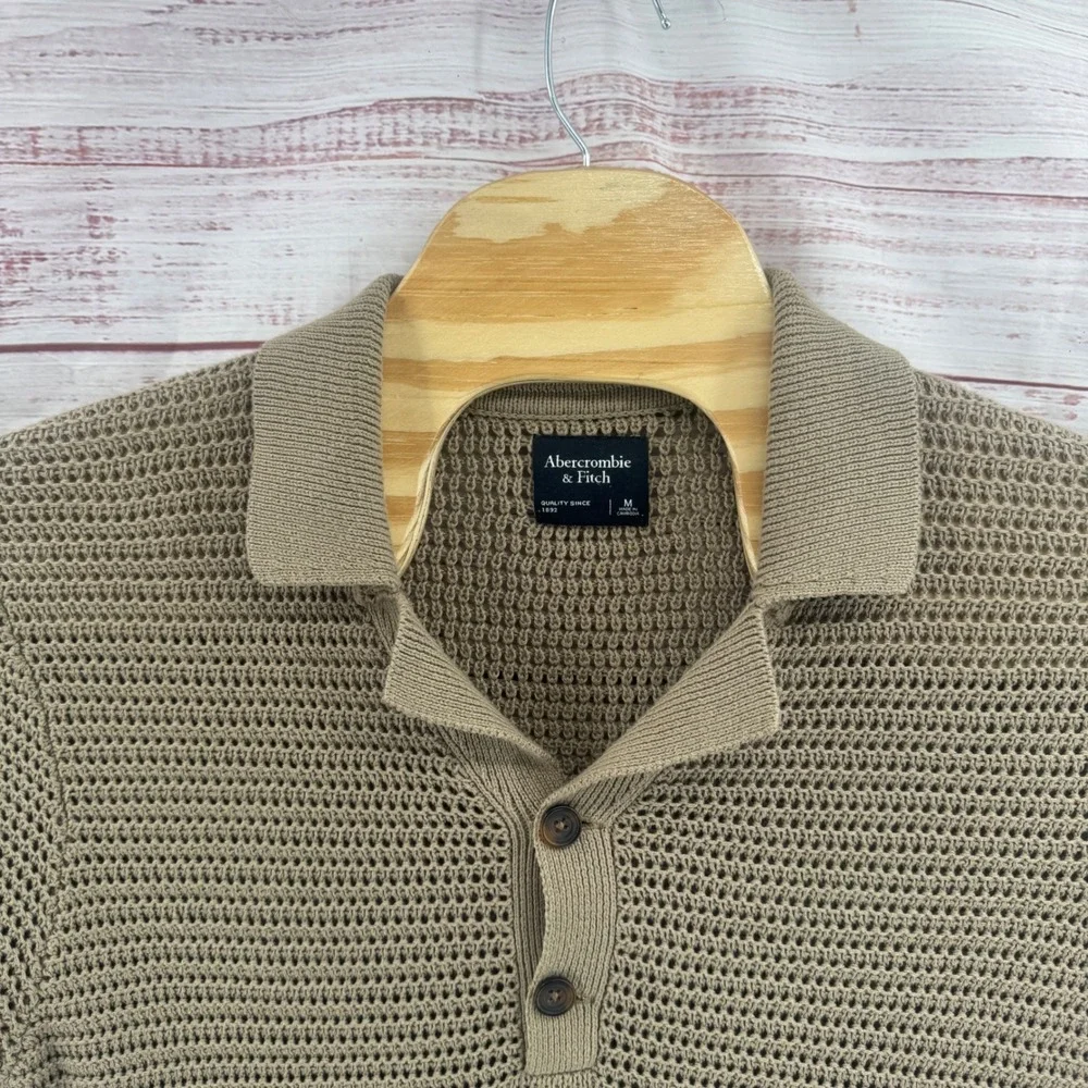 Abercrombie & Fitch Polo Shirt Mens Medium Taupe Brown Crochet Open Stitch